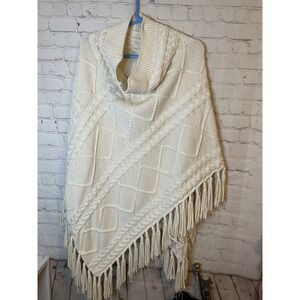 Women's Fringe Turtle Neck Open Knit Poncho Sweater Pullover $178 L/XL